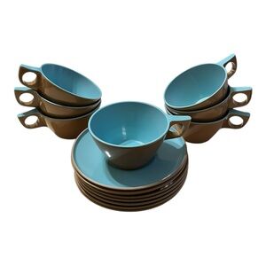 Lot Of 14 Vtg MCM Turquoise Brown Texas-Ware Melamine Melmac Dishes Cups Saucers